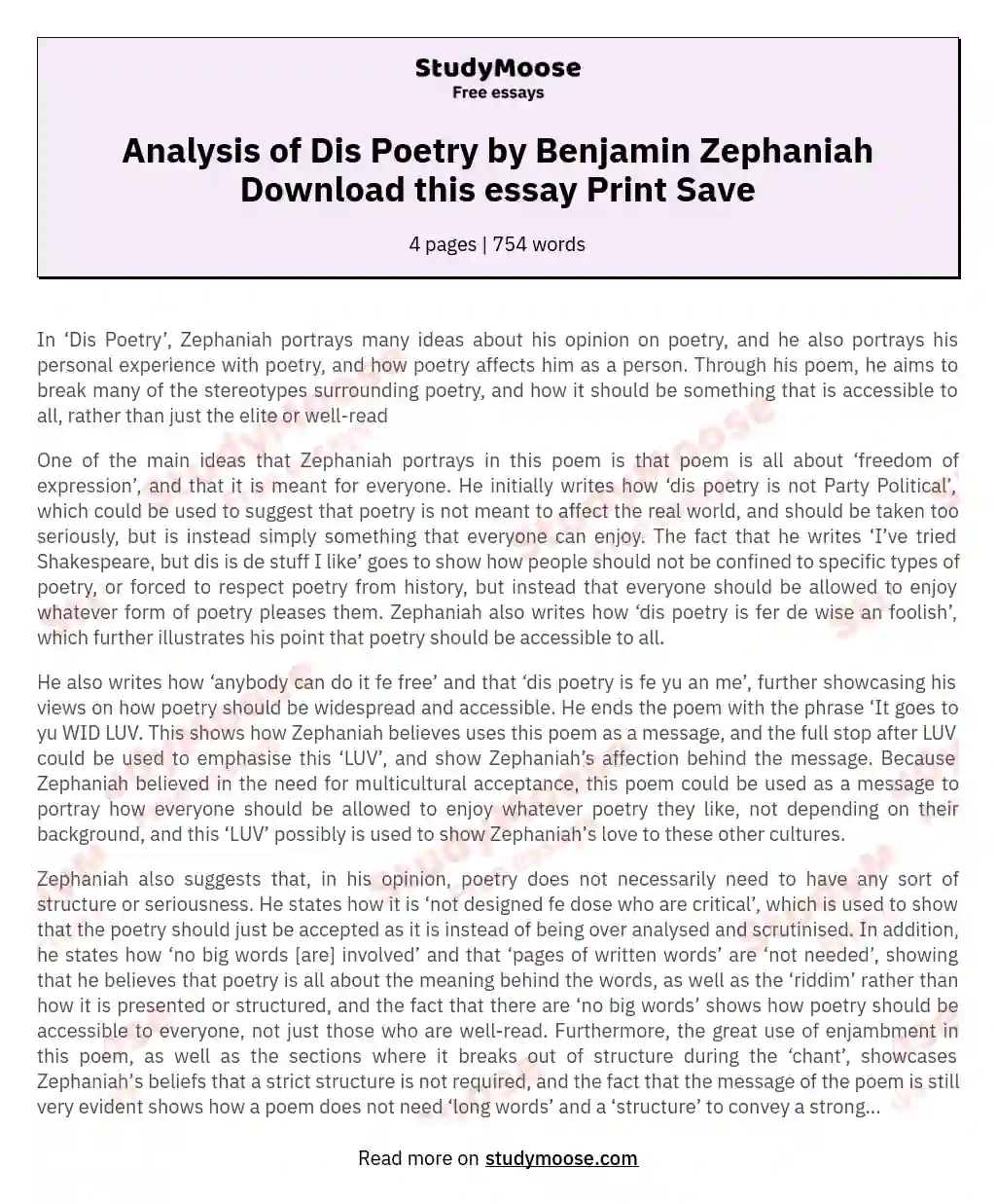 Analysis of Dis Poetry by Benjamin Zephaniah Download this essay  Print  Save essay