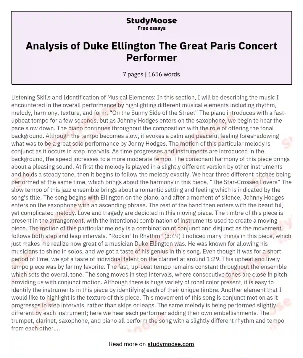 Analysis of Duke Ellington The Great Paris Concert Performer essay
