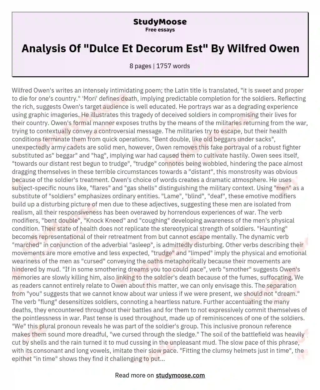 Analysis Of "Dulce Et Decorum Est" By Wilfred Owen