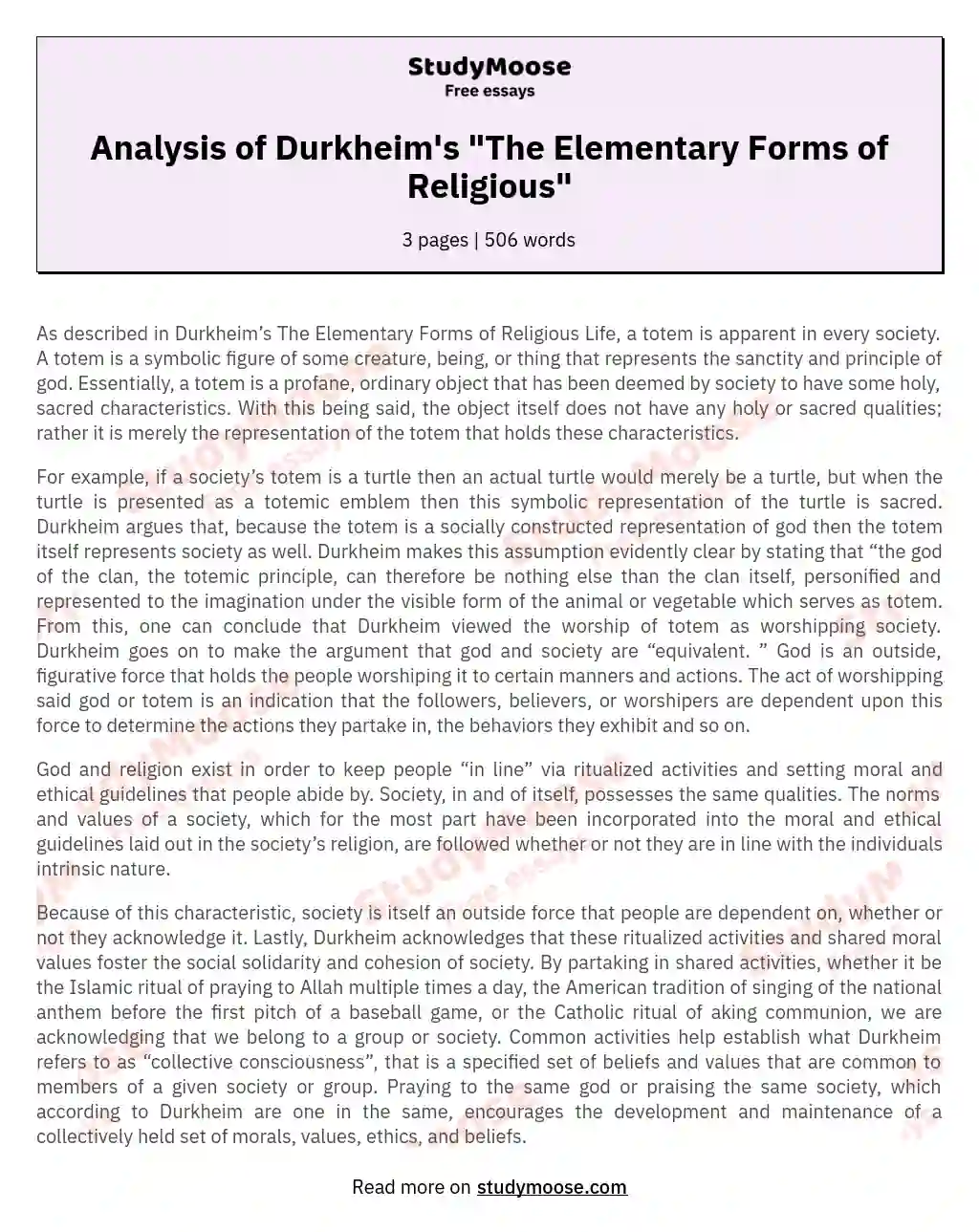 Analysis of Durkheim's "The Elementary Forms of Religious" essay