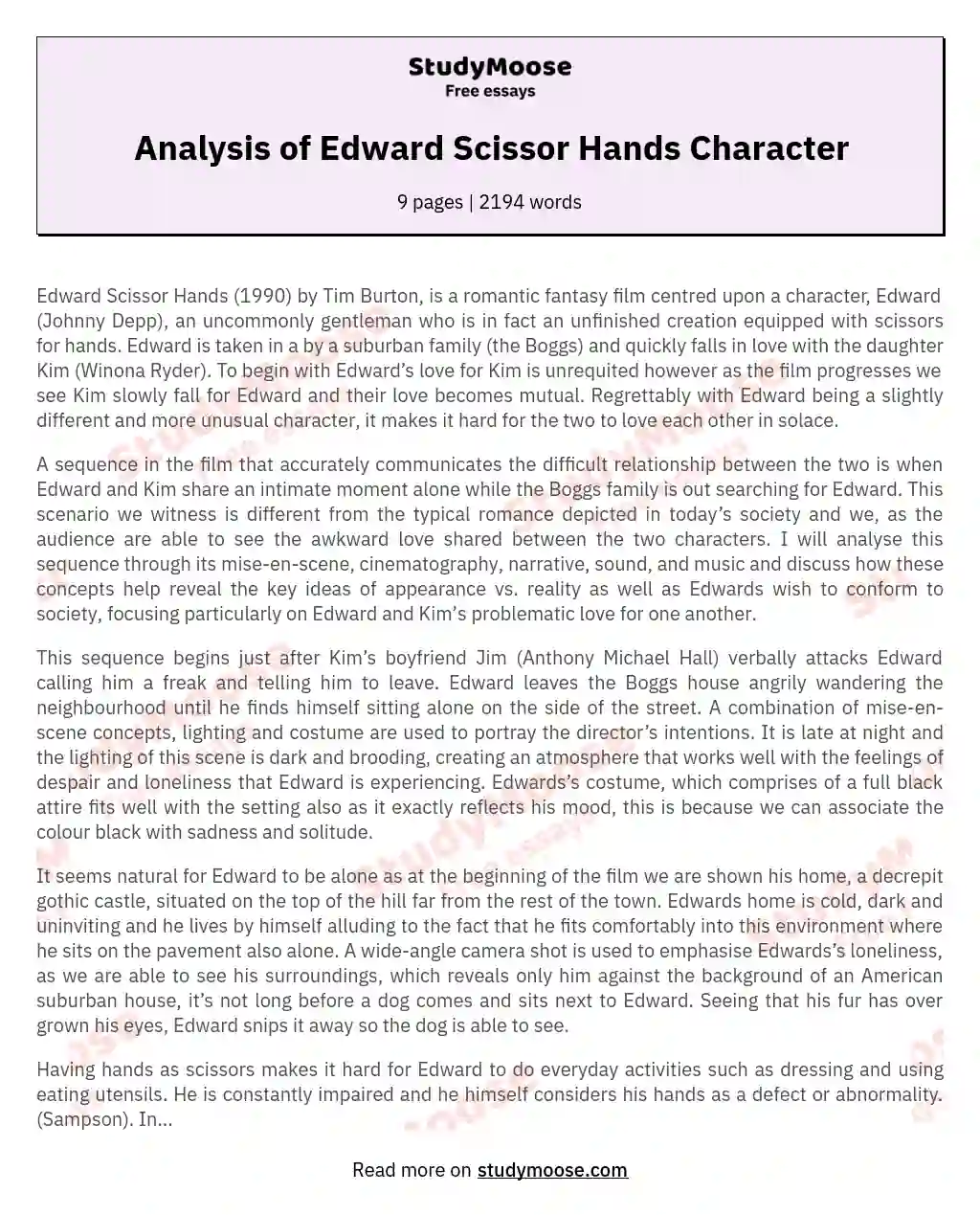 Analysis of Edward Scissor Hands Character essay