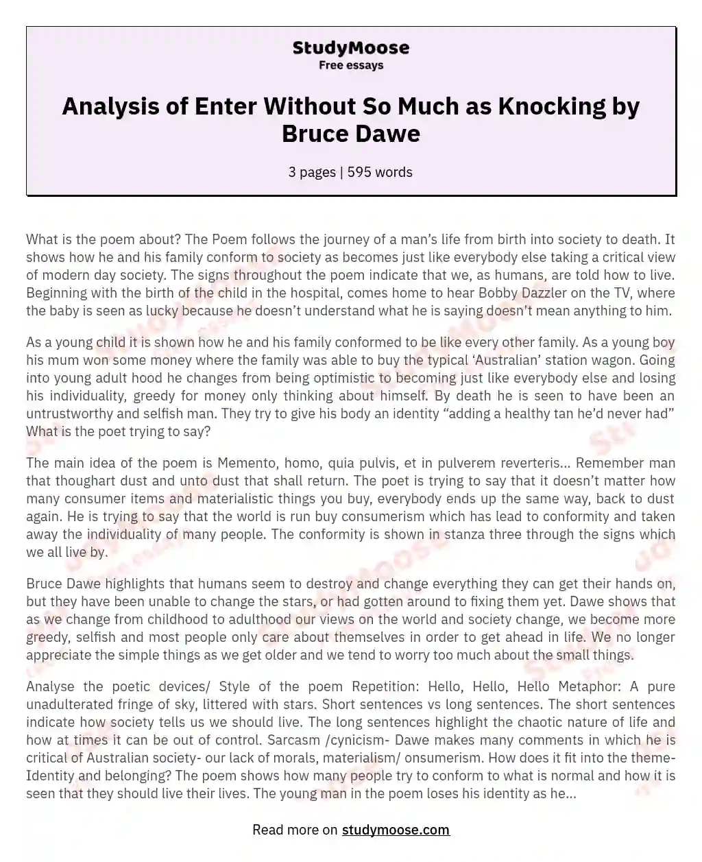 Analysis of Enter Without So Much as Knocking by Bruce Dawe essay