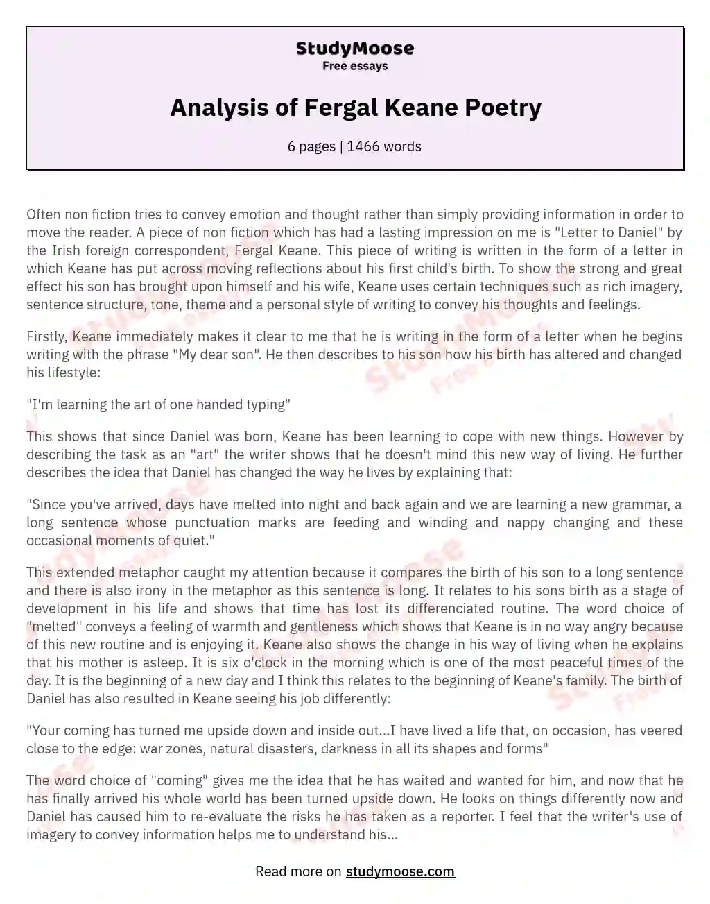 Analysis of Fergal Keane Poetry essay