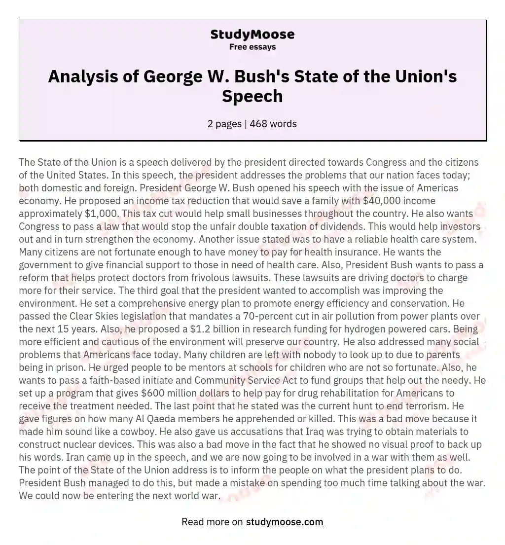 Analysis of George W. Bush's State of the Union's Speech essay