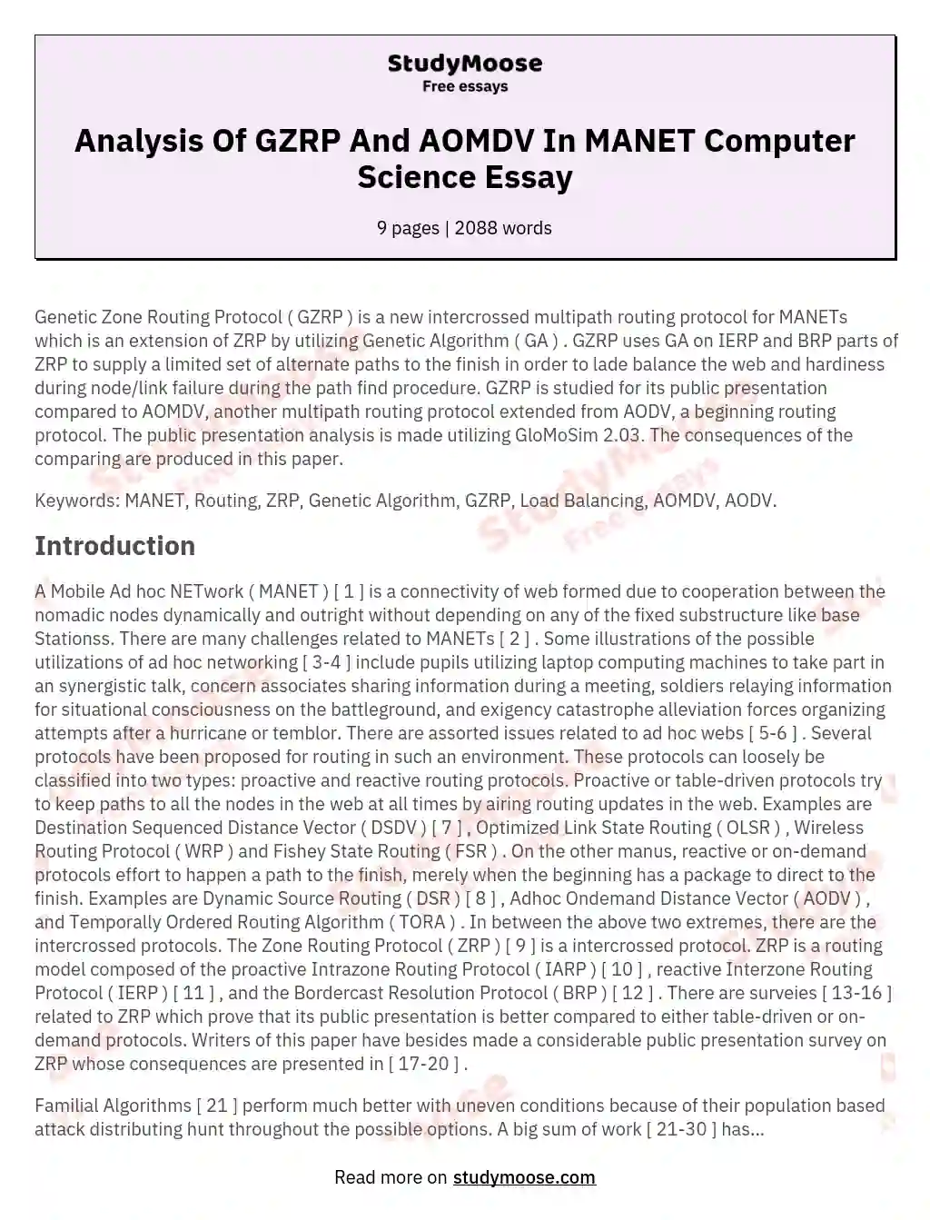 Analysis Of GZRP And AOMDV In MANET Computer Science Essay essay