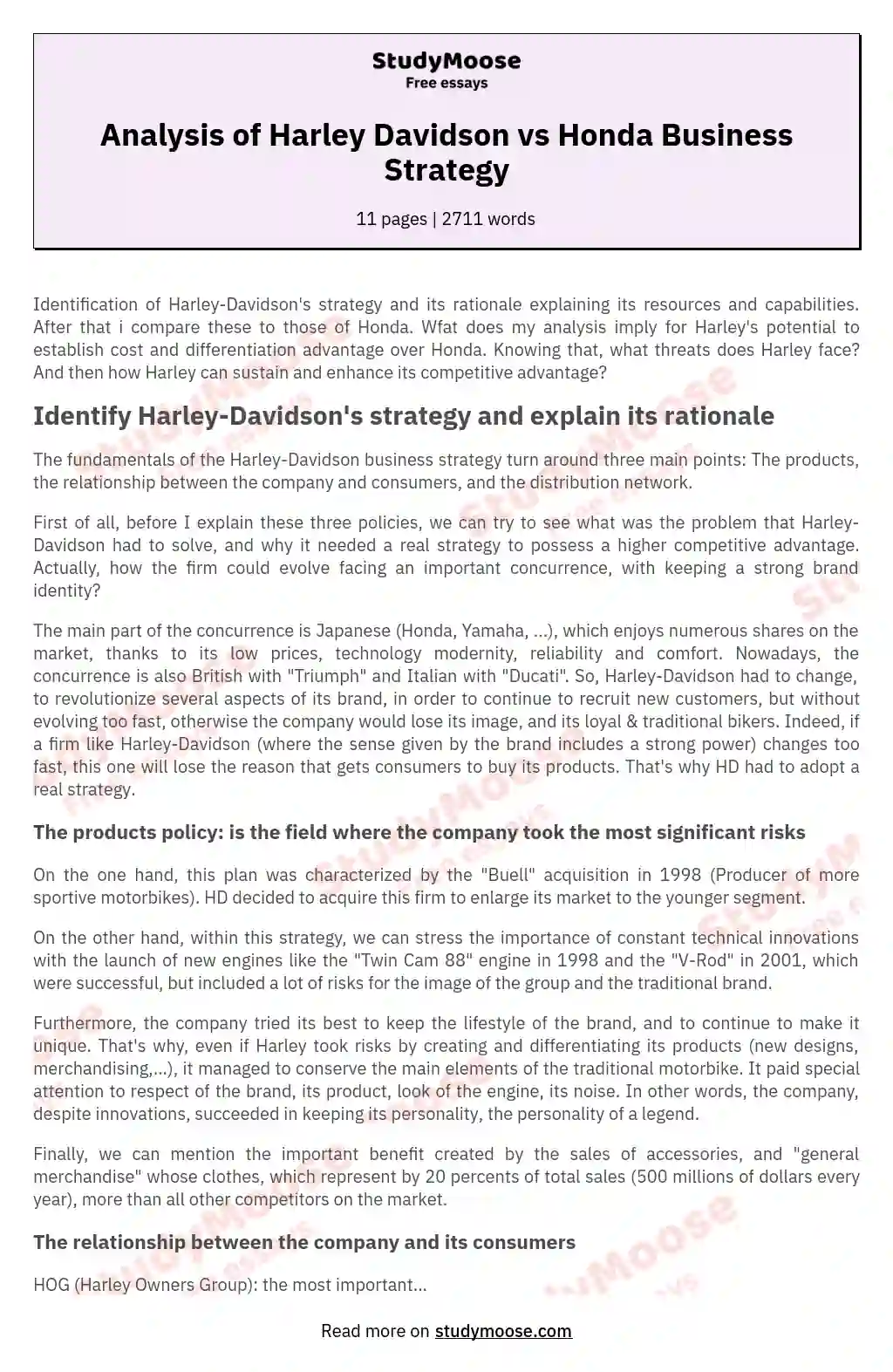 Analysis of Harley Davidson vs Honda Business Strategy
