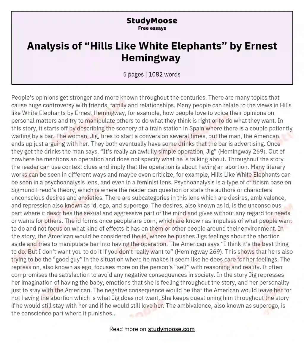 Analysis of “Hills Like White Elephants” by Ernest Hemingway 