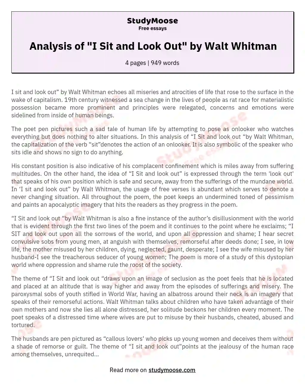 Analysis of "I Sit and Look Out" by Walt Whitman essay