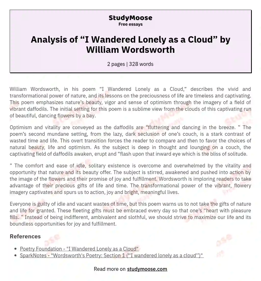 Analysis of “I Wandered Lonely as a Cloud” by William Wordsworth essay