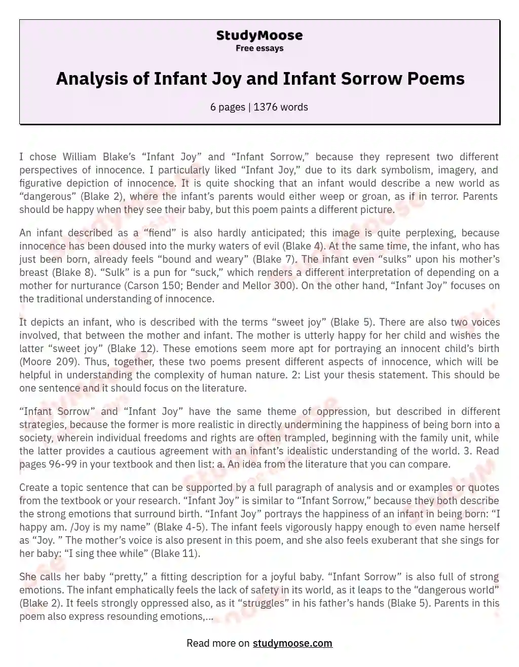 Analysis of Infant Joy and Infant Sorrow Poems essay