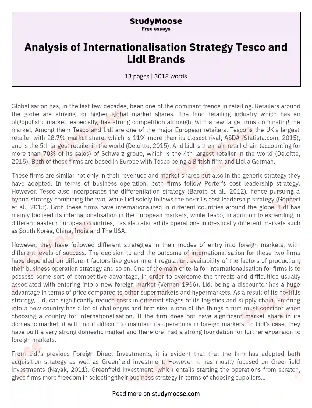 Analysis of Internationalisation Strategy Tesco and Lidl Brands essay