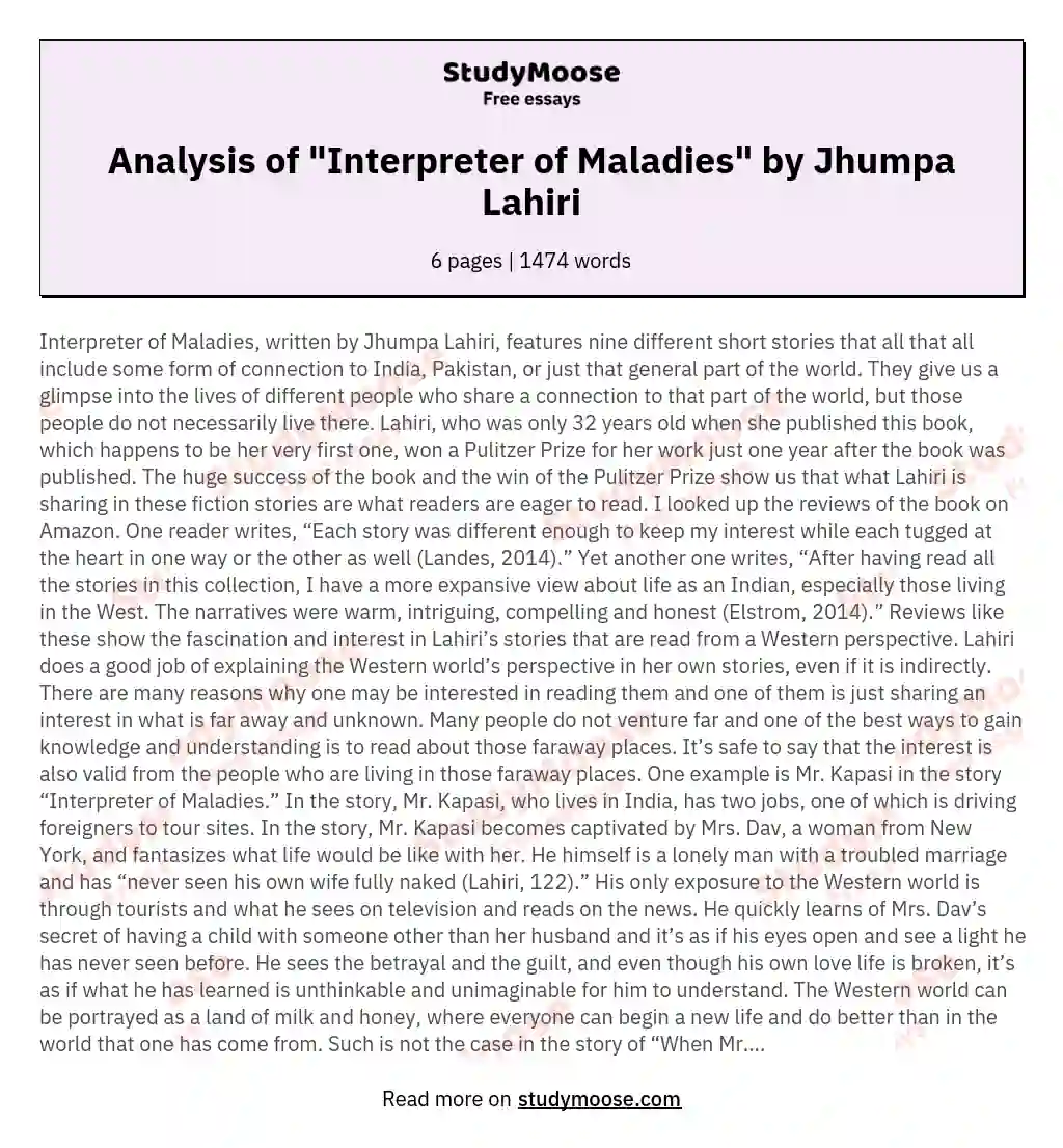 Analysis of "Interpreter of Maladies" by Jhumpa Lahiri essay