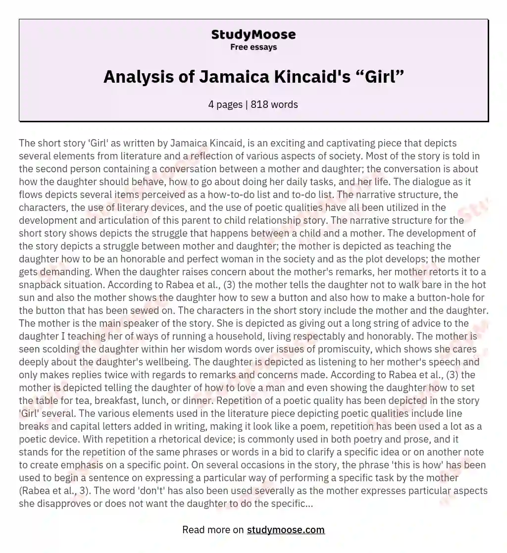 Analysis Of Jamaica Kincaid S “girl” Research Paper Example Free Essay