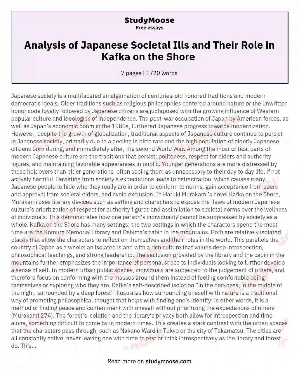 Analysis of Japanese Societal Ills and Their Role in Kafka on the Shore  essay