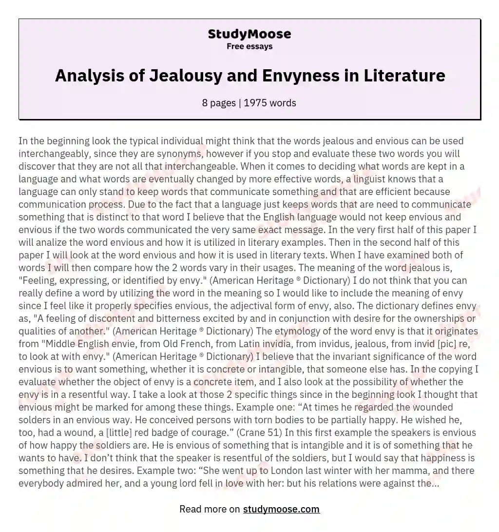 Analysis of Jealousy and Envyness in Literature