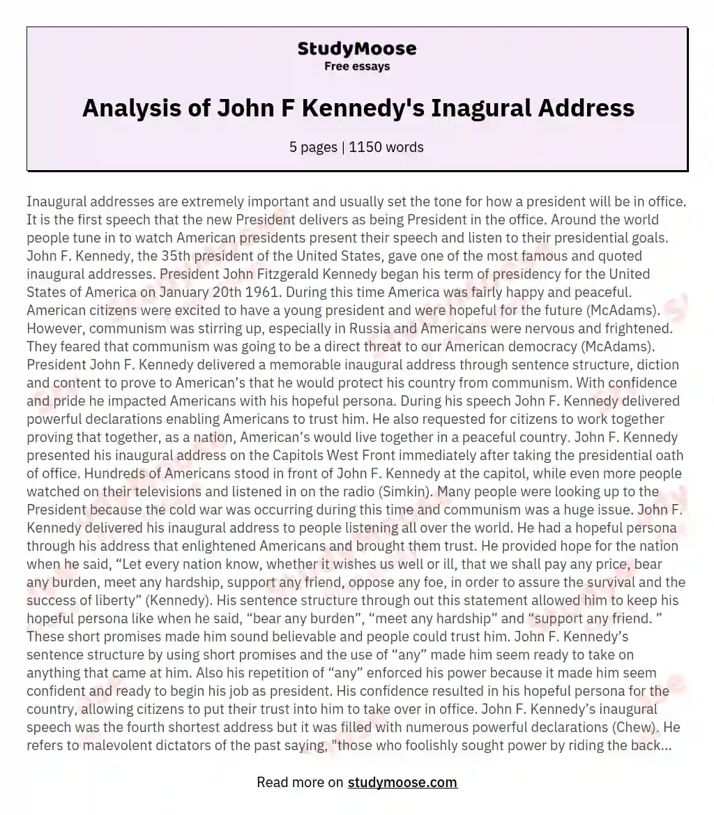 Analysis of John F Kennedy's Inagural Address essay
