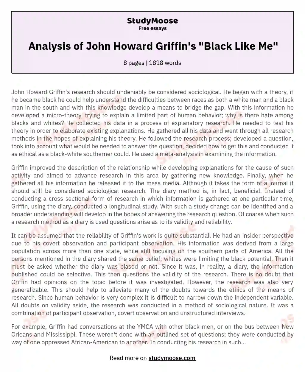 Analysis of John Howard Griffin's "Black Like Me"