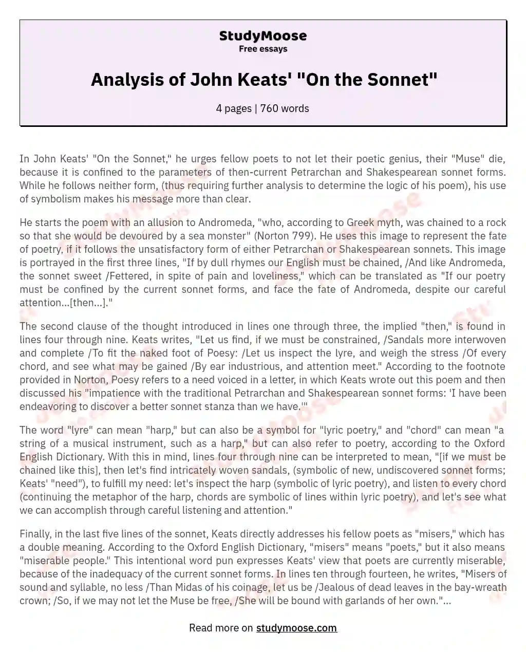 Analysis of John Keats' "On the Sonnet" essay