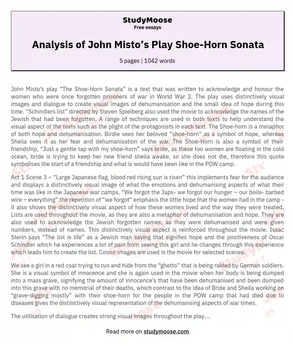 Analysis of John Misto’s Play Shoe-Horn Sonata