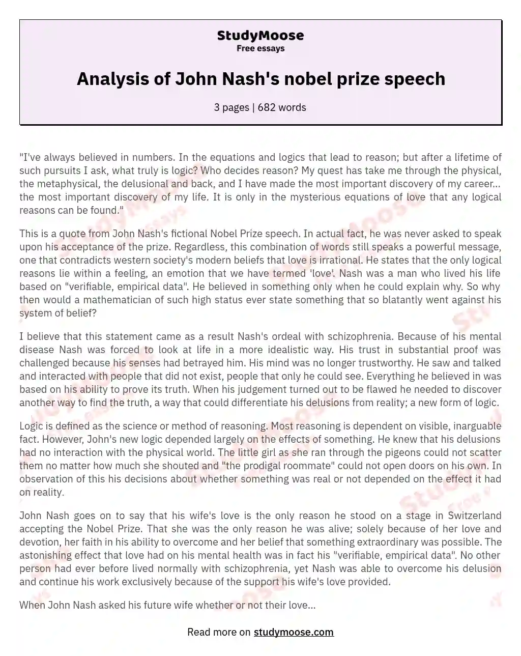 Analysis of John Nash's nobel prize speech essay