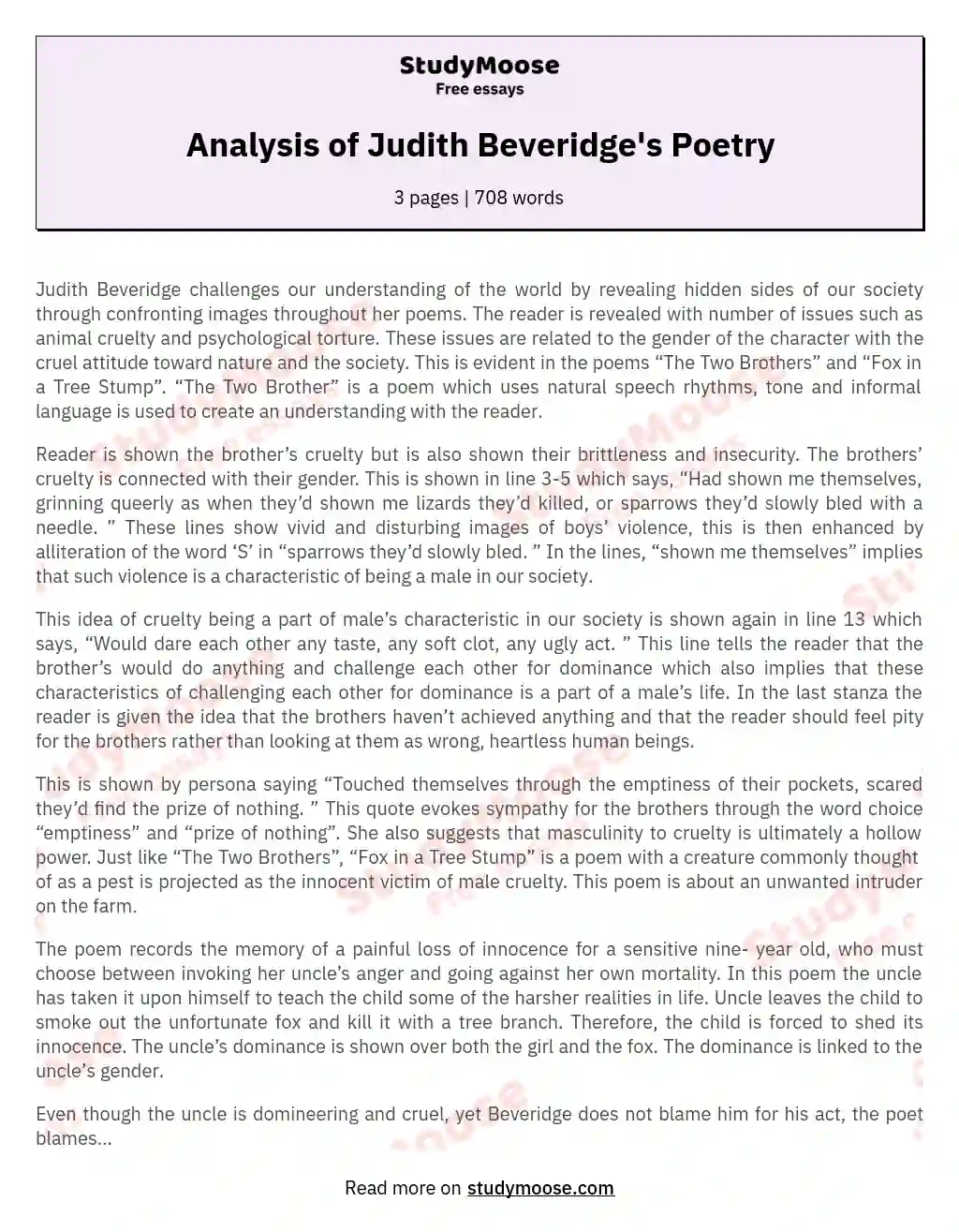Analysis of Judith Beveridge's Poetry essay