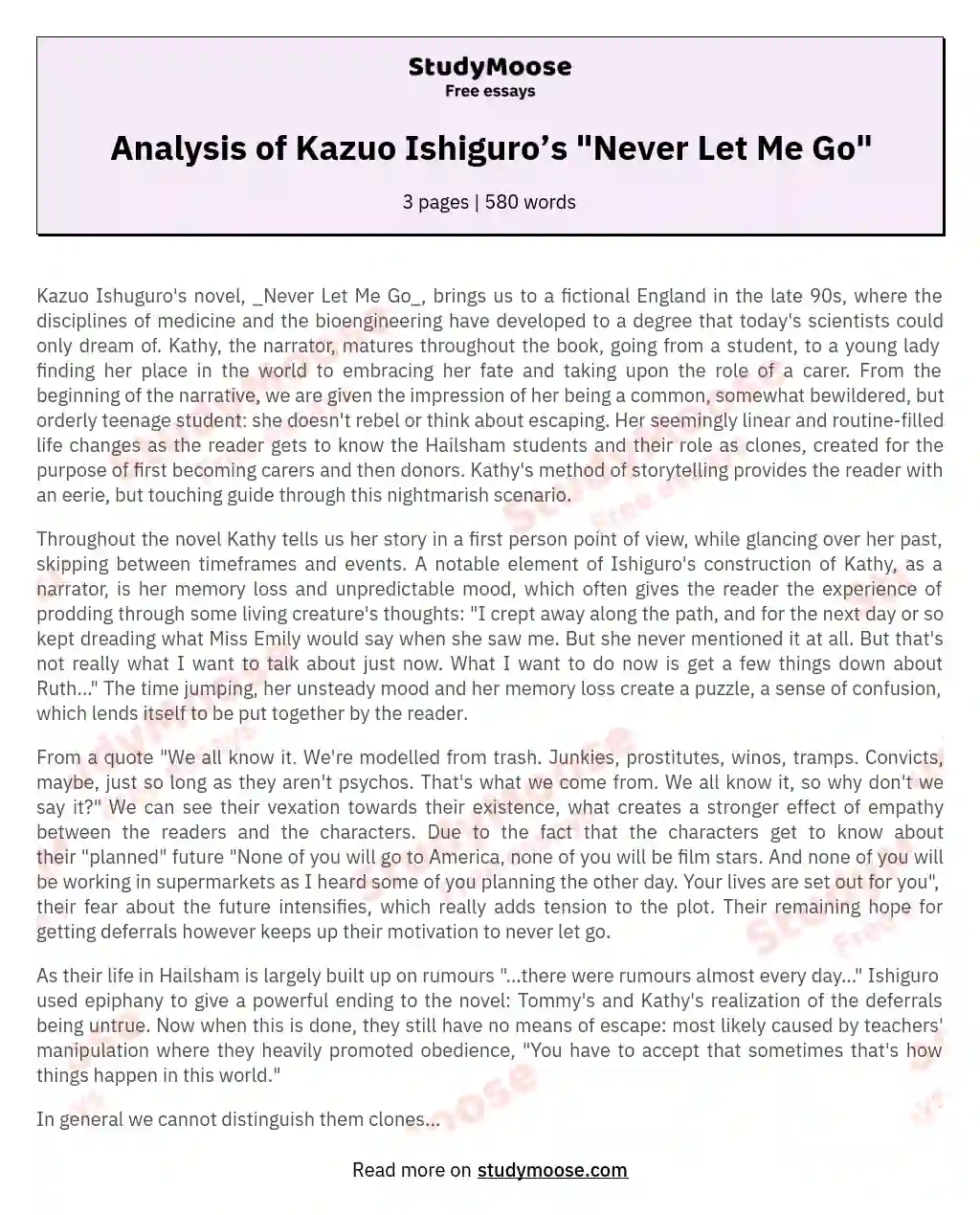 Analysis of Kazuo Ishiguro’s "Never Let Me Go" essay