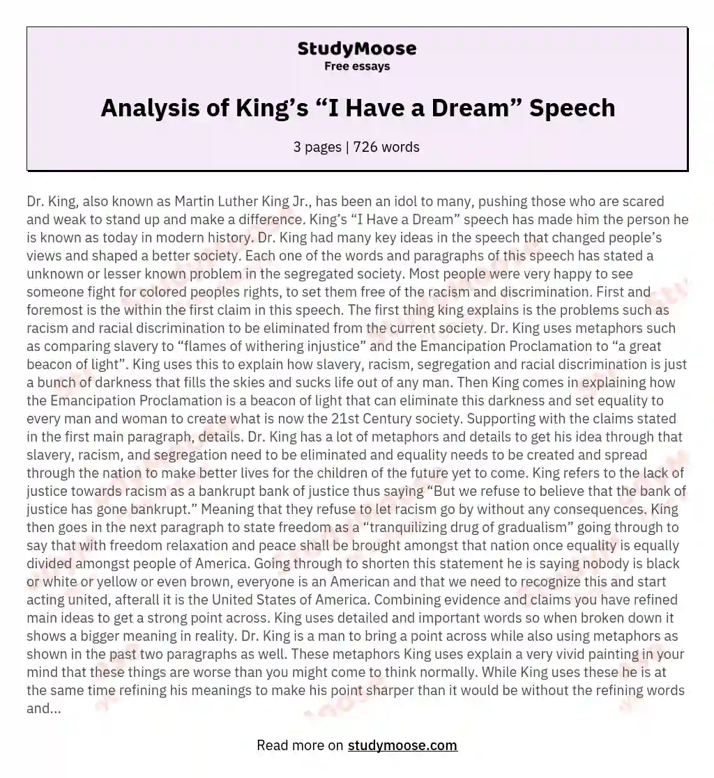 Analysis of King’s “I Have a Dream” Speech essay