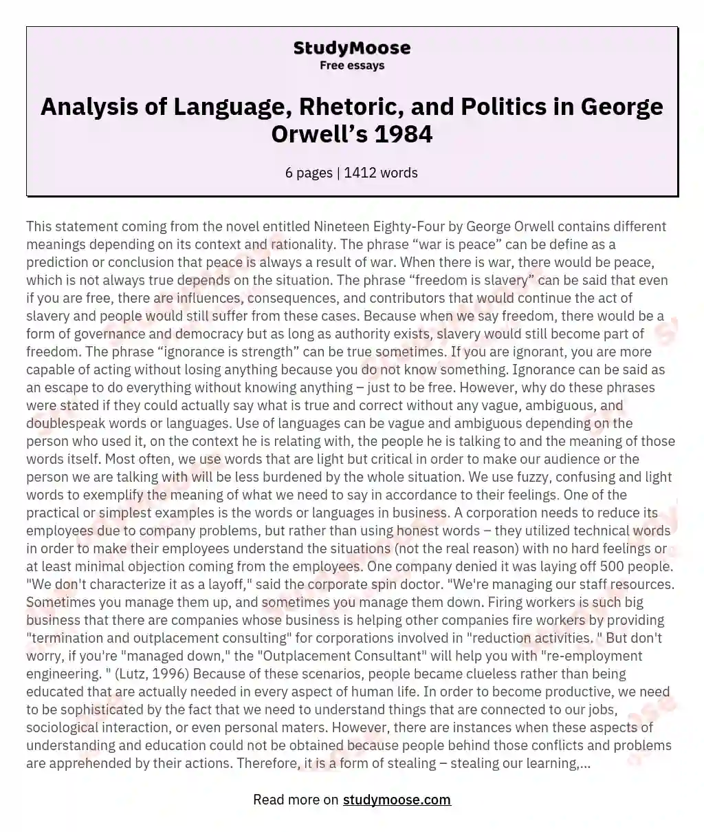 Analysis of Language, Rhetoric, and Politics in George Orwell’s 1984 essay