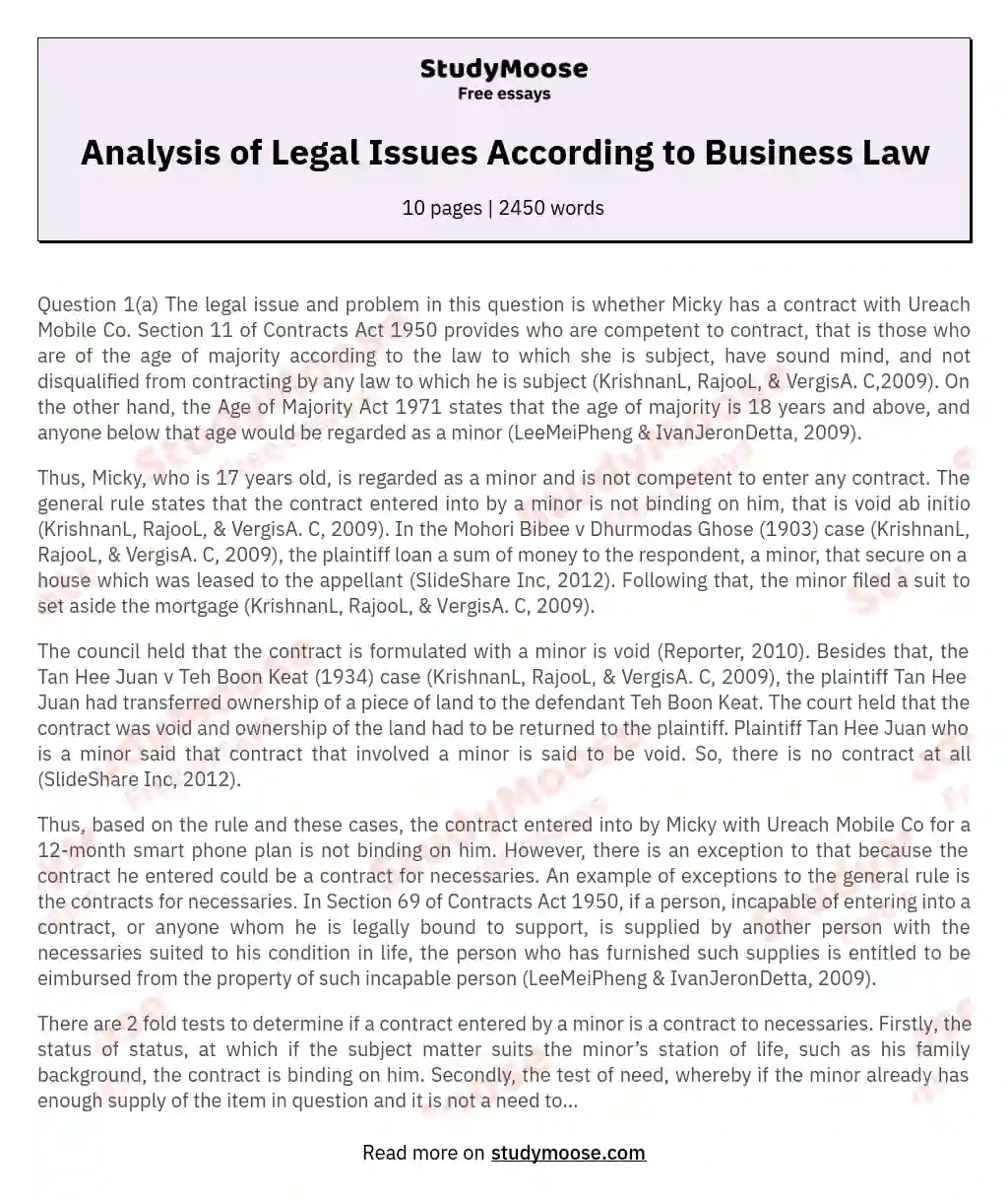 Analysis of Legal Issues According to Business Law essay