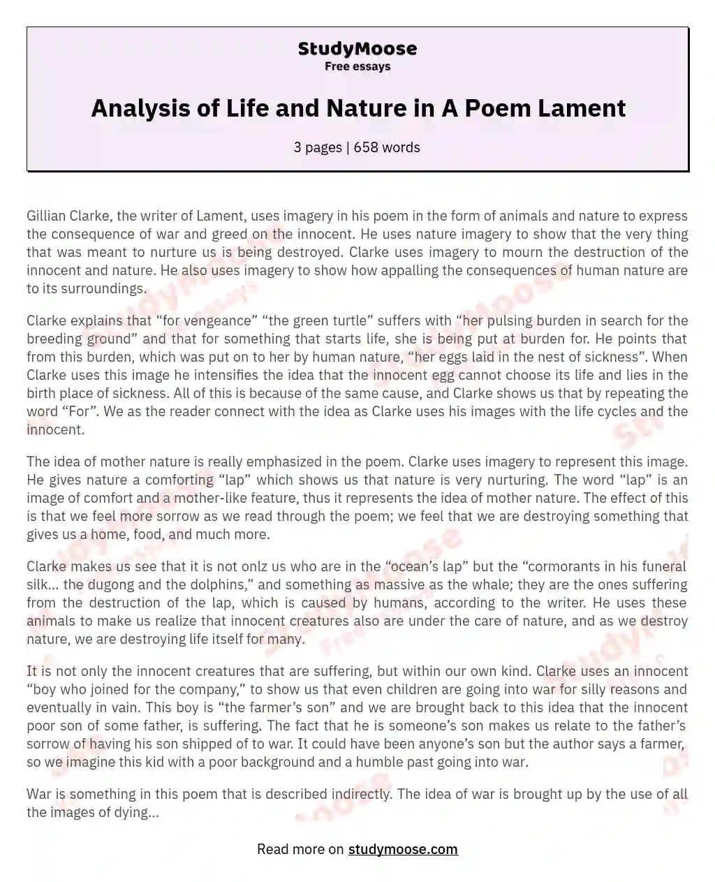 Analysis of Life and Nature in A Poem Lament essay