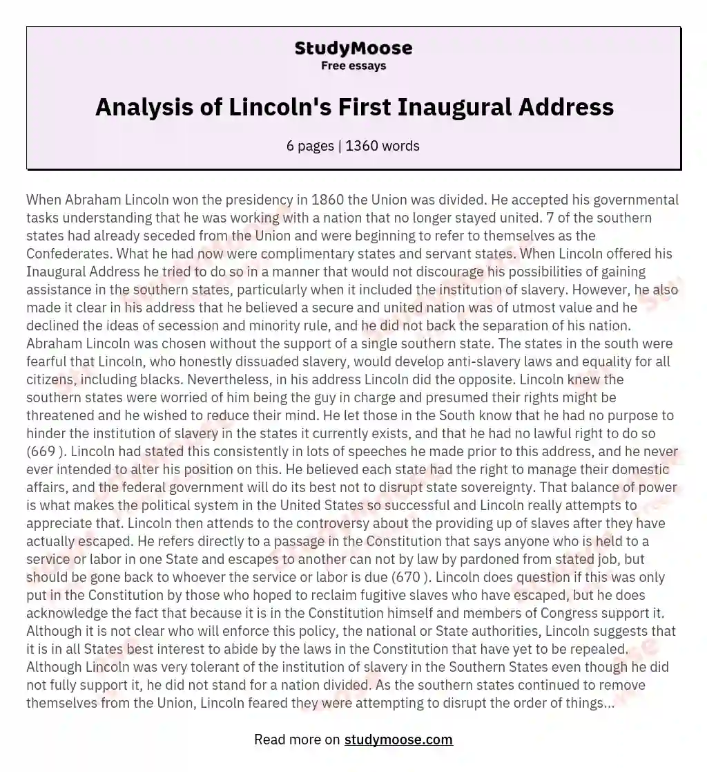Analysis of Lincoln's First Inaugural Address essay