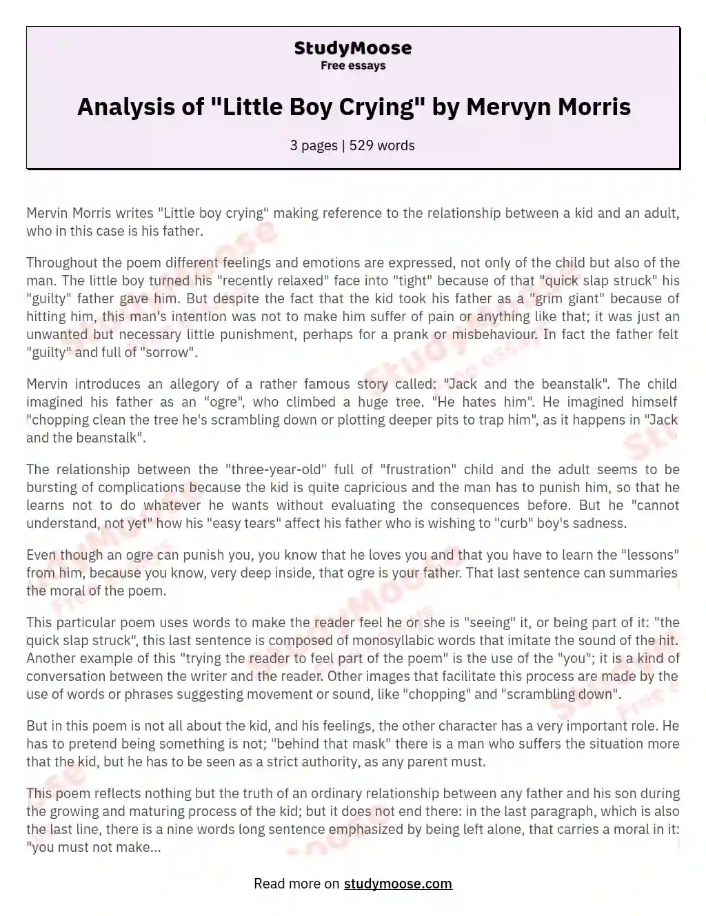 Analysis of "Little Boy Crying" by Mervyn Morris essay