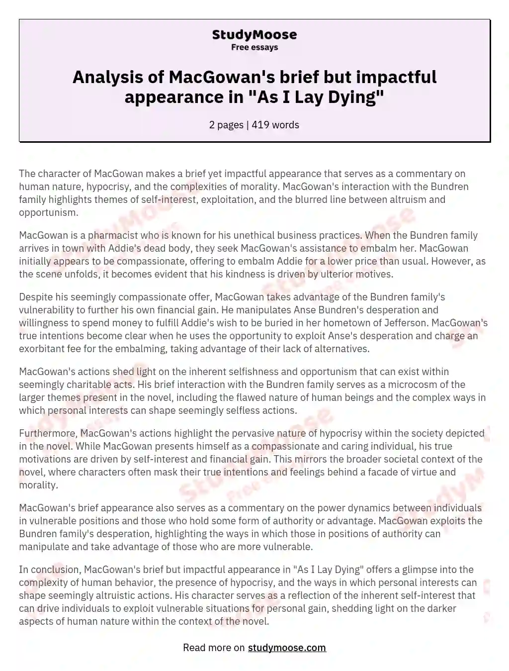 Analysis of MacGowan's brief but impactful appearance in "As I Lay Dying" essay