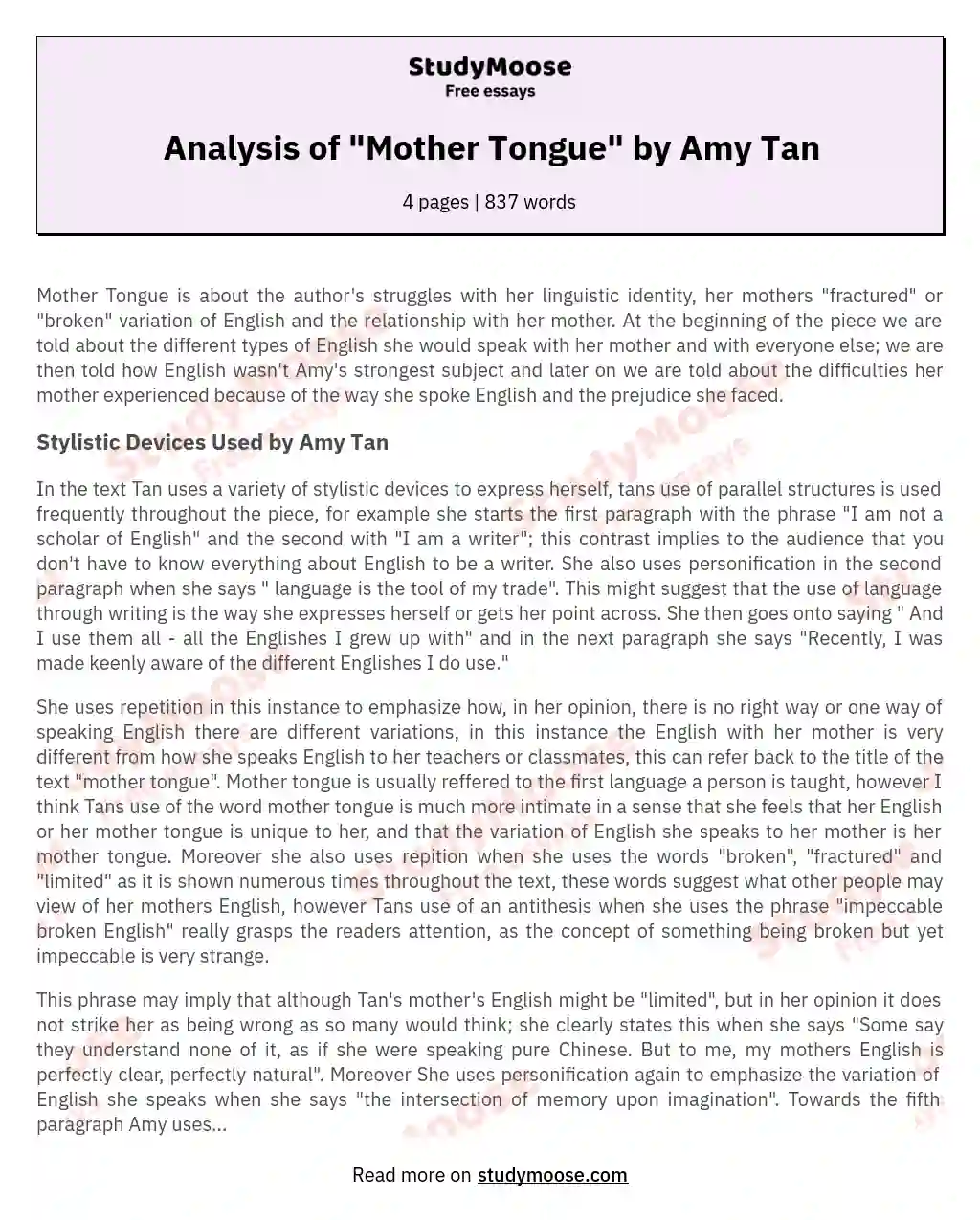 Analysis of "Mother Tongue" by Amy Tan