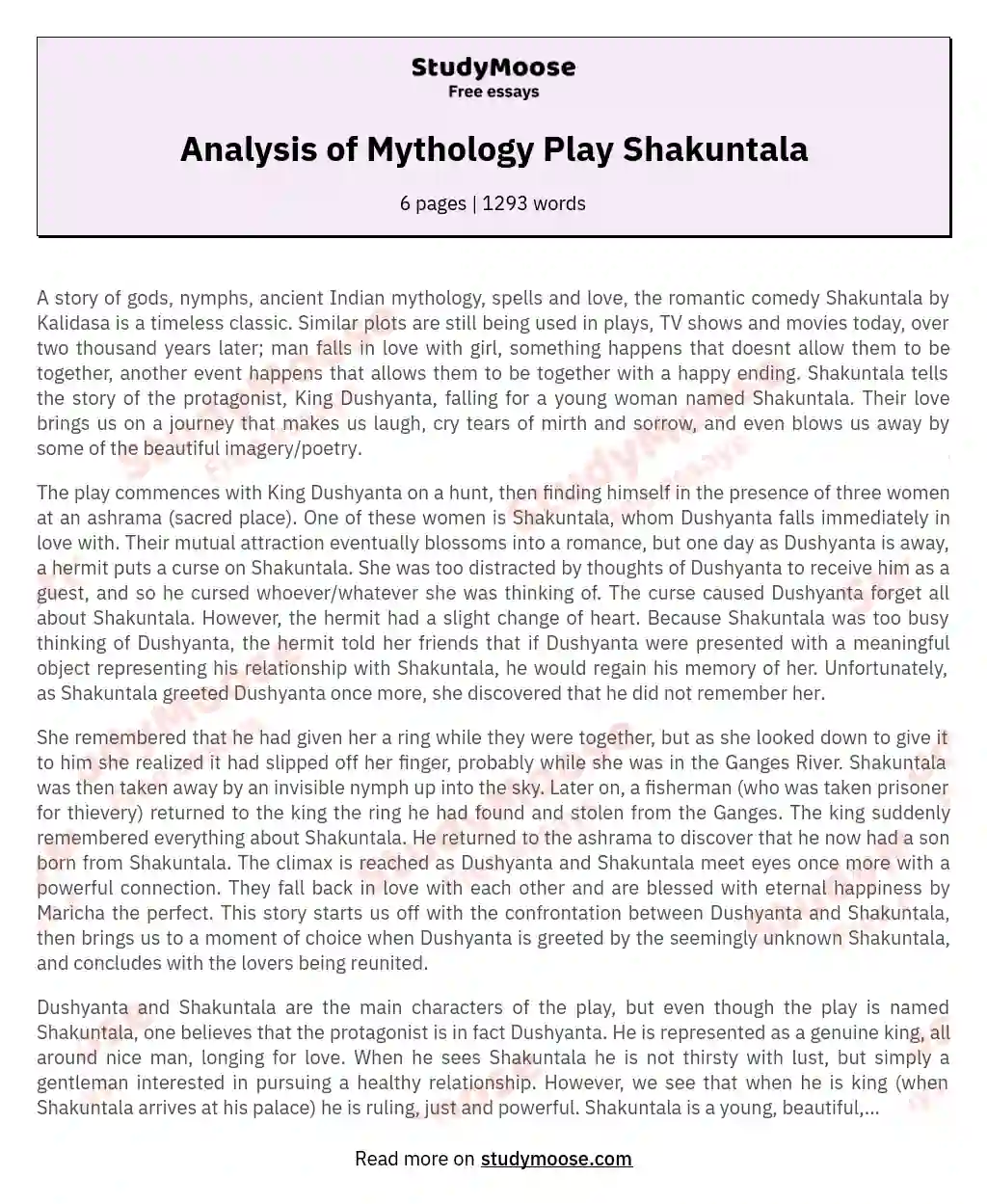 Analysis of Mythology Play Shakuntala