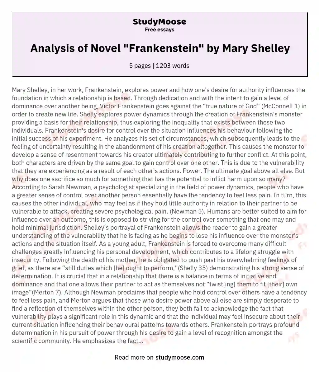 Analysis of Novel "Frankenstein" by Mary Shelley