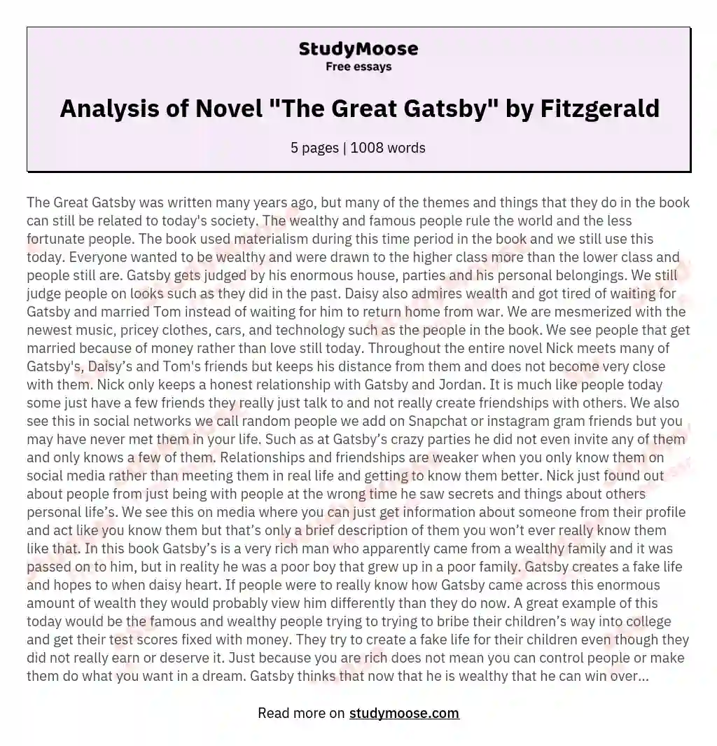Analysis of Novel "The Great Gatsby" by Fitzgerald essay