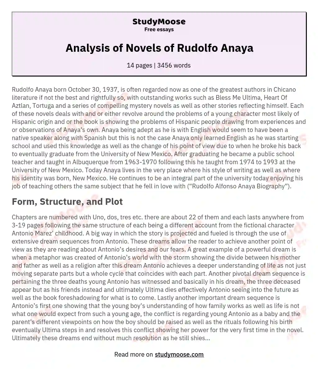 Analysis of Novels of Rudolfo Anaya essay