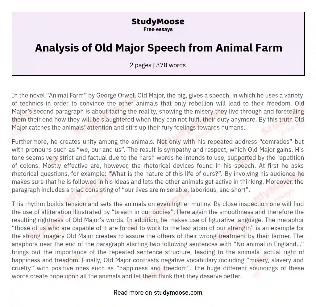 Analysis of Old Major Speech from Animal Farm Free Essay Example