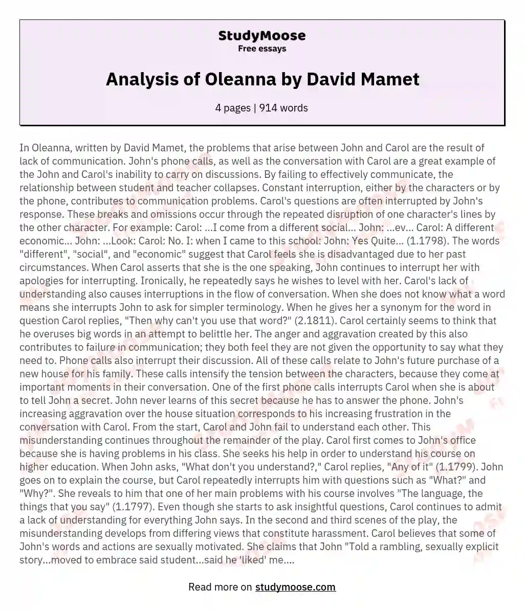 Analysis of Oleanna by David Mamet essay