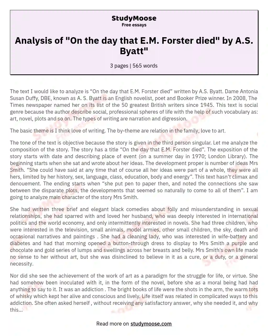 Analysis of "On the day that E.M. Forster died" by A.S. Byatt" essay