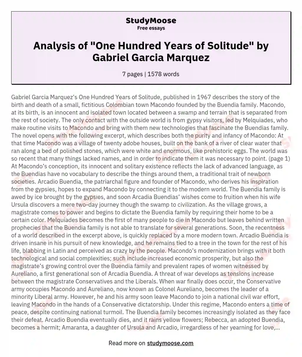 Analysis of "One Hundred Years of Solitude" by Gabriel Garcia Marquez