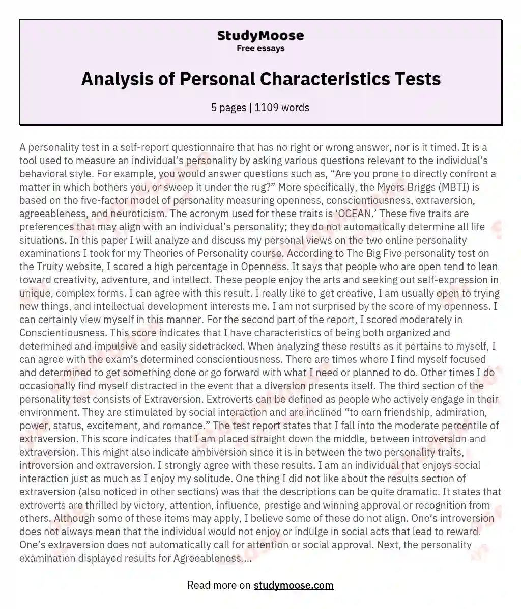 Analysis of Personal Characteristics Tests essay
