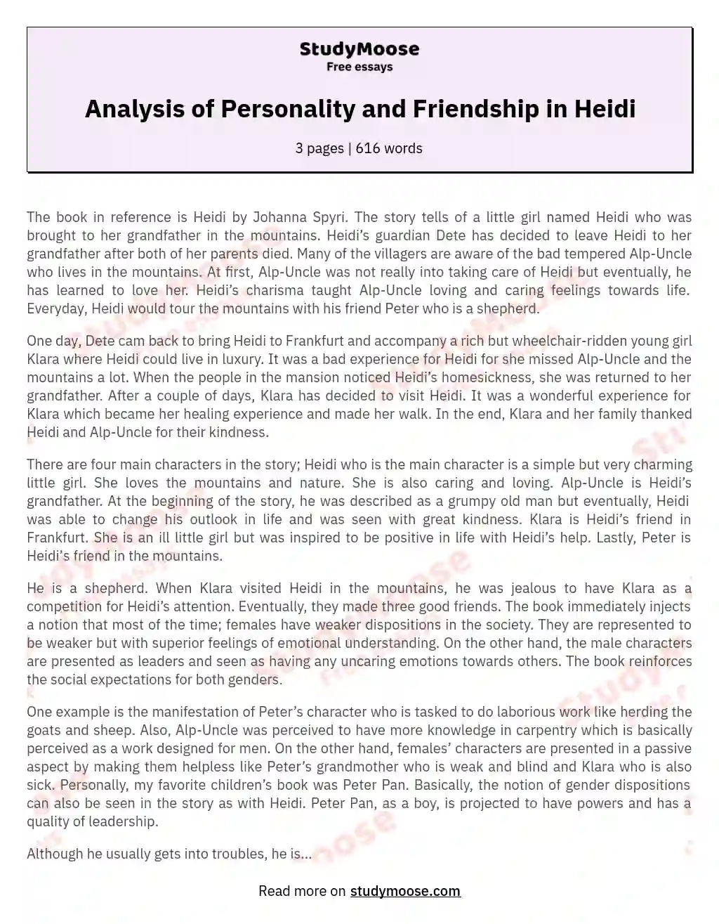 Analysis of Personality and Friendship in Heidi essay