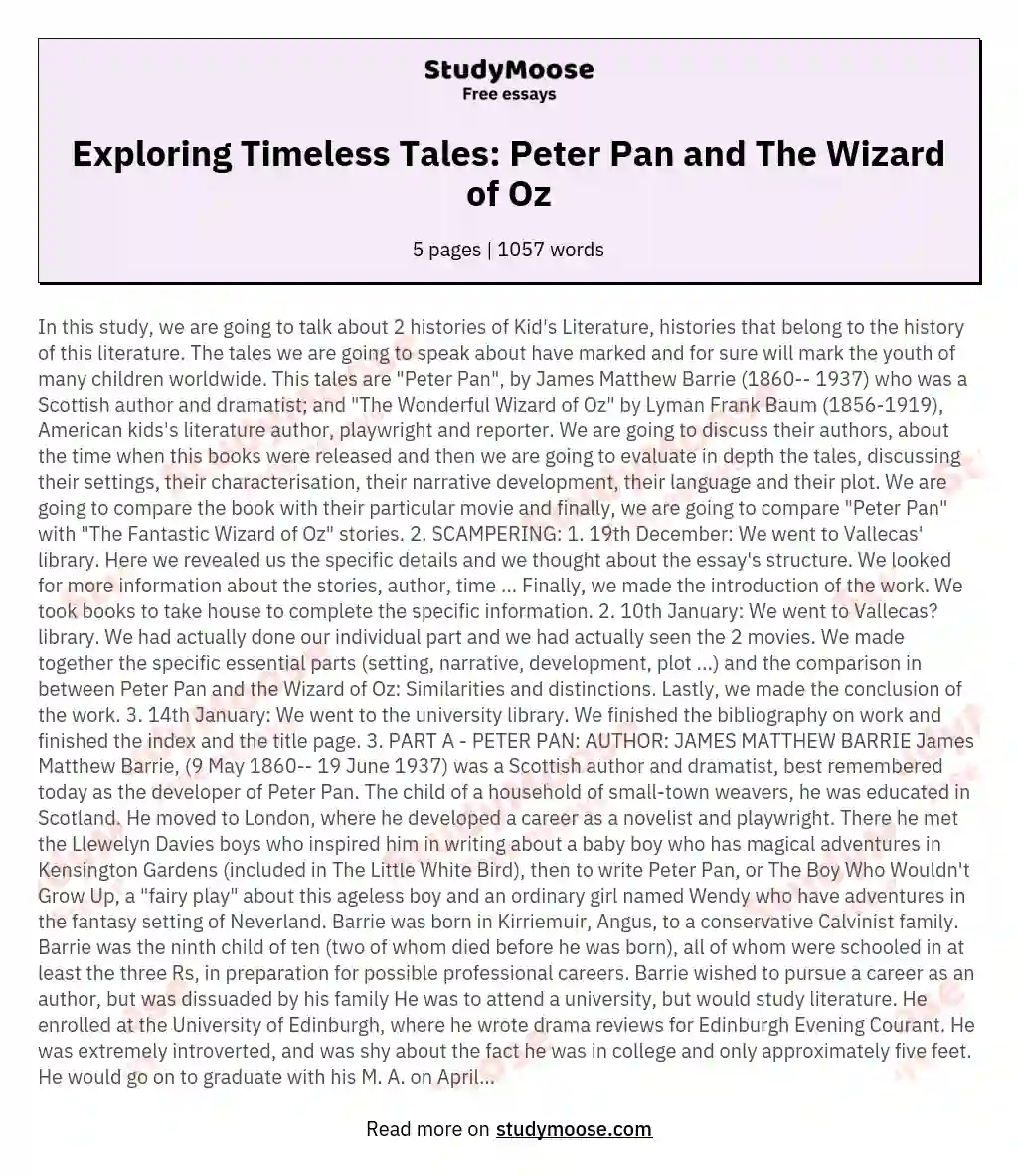 Exploring Timeless Tales: Peter Pan and The Wizard of Oz essay