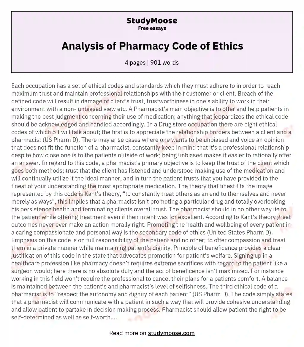 Analysis of Pharmacy Code of Ethics essay