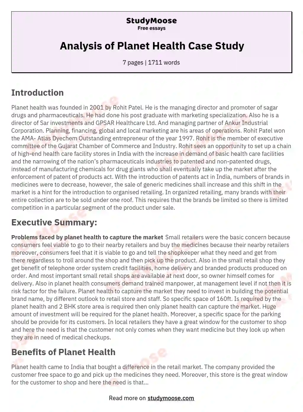 Analysis of Planet Health Case Study essay