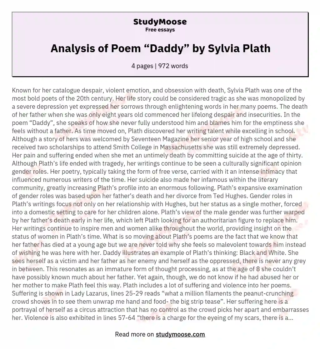 Analysis of Poem “Daddy” by Sylvia Plath