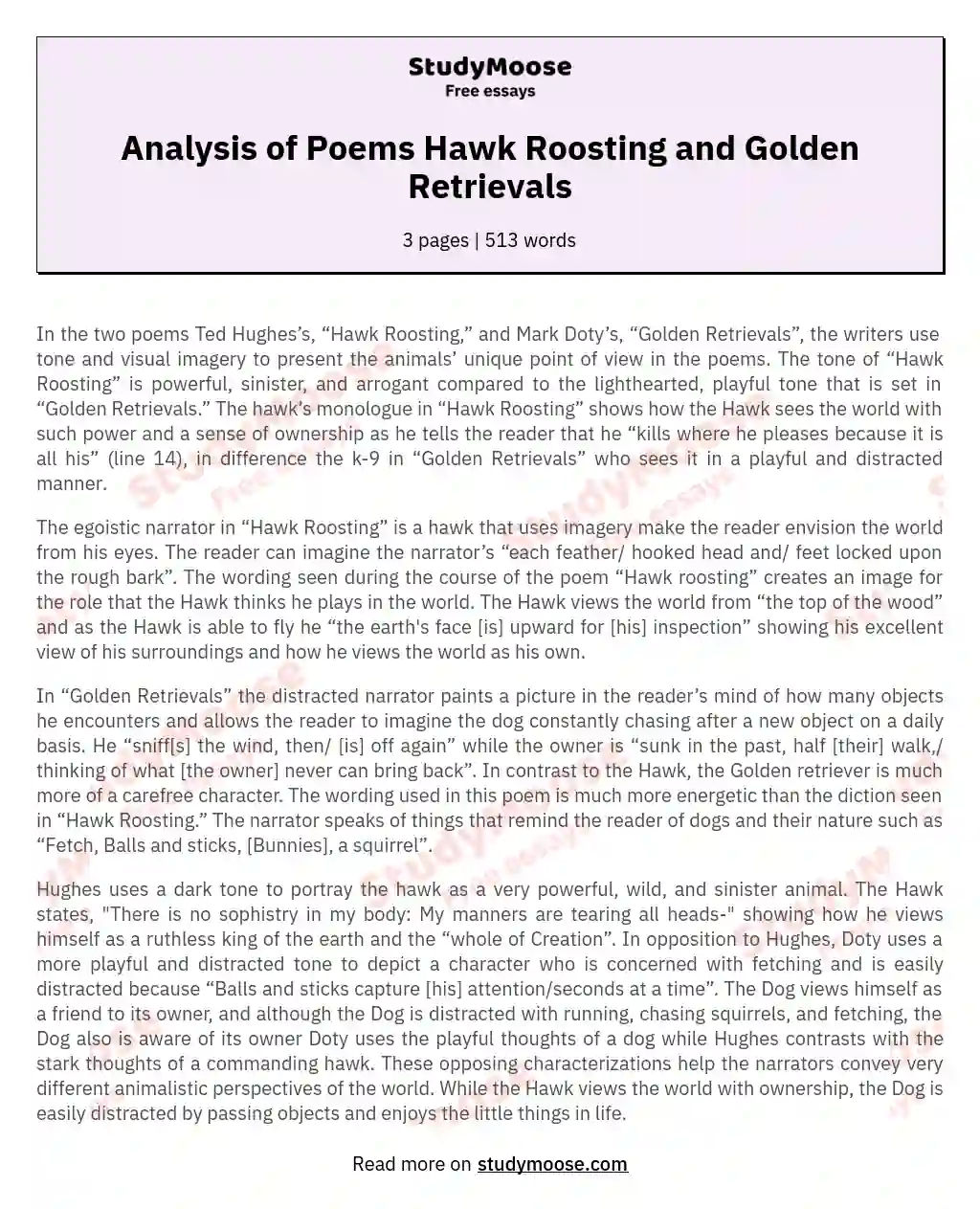 Analysis of Poems Hawk Roosting and Golden Retrievals