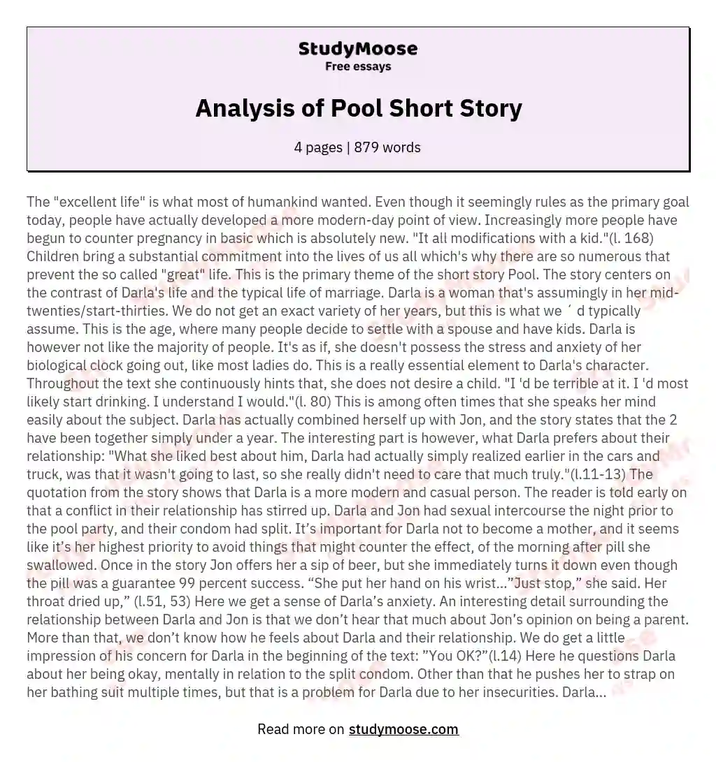 Analysis of Pool Short Story essay